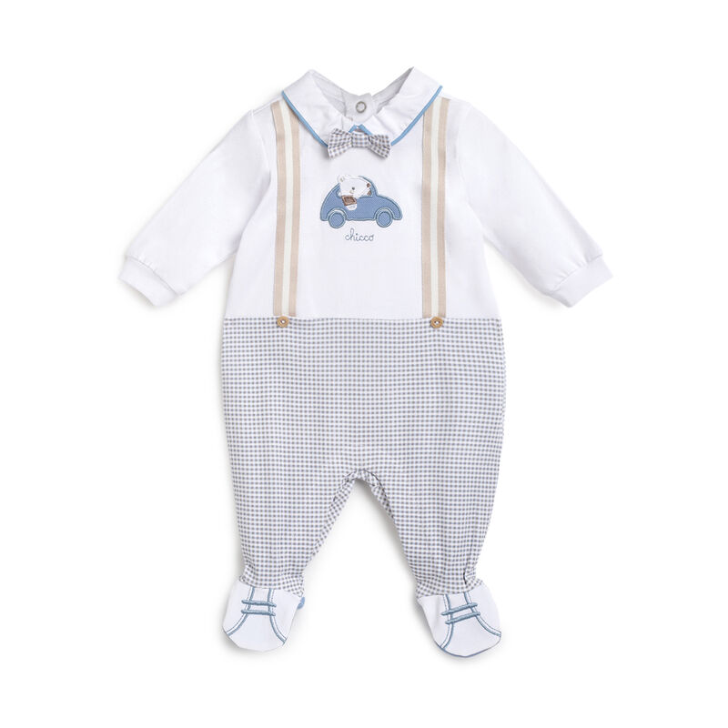 Boys White Checkered Leg Opening Babysuit image number 0